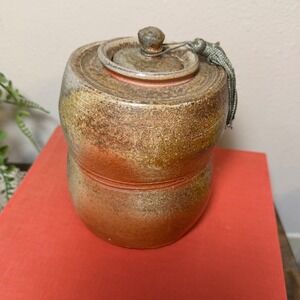 Studio Pottery Lidded Jar Stoneware Ginger‎ Tea Caddy Earthy Salt Glaze Tassel